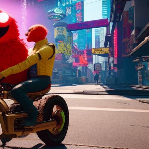 Elmo riding a bike in cyberpunk 2077