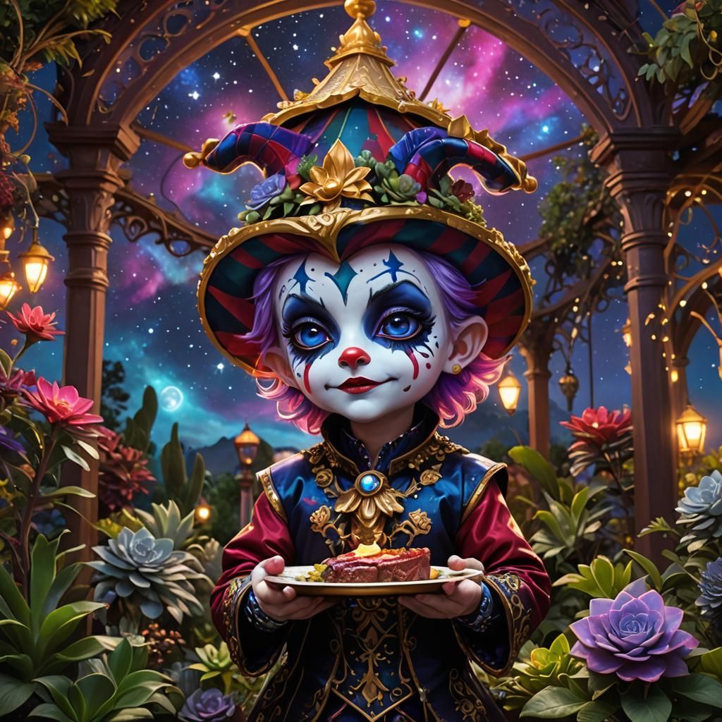 a chibi harlequin in wine-purple-blue-red-gold clothing and hair, silvery-blue eyes, harlequin facepaint, he is eating a...