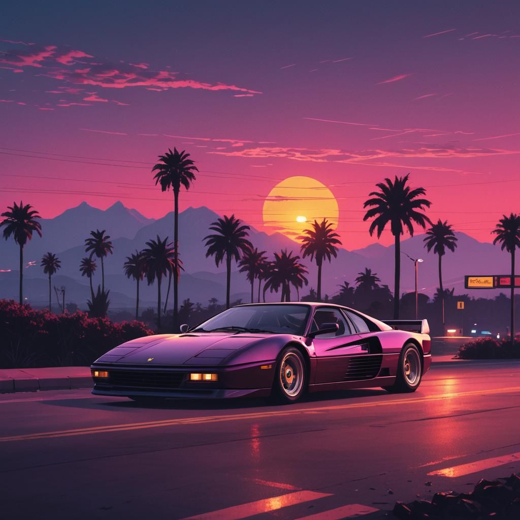 Synthwave Ferrari Testarossa and sunset - AI Generated Artwork ...