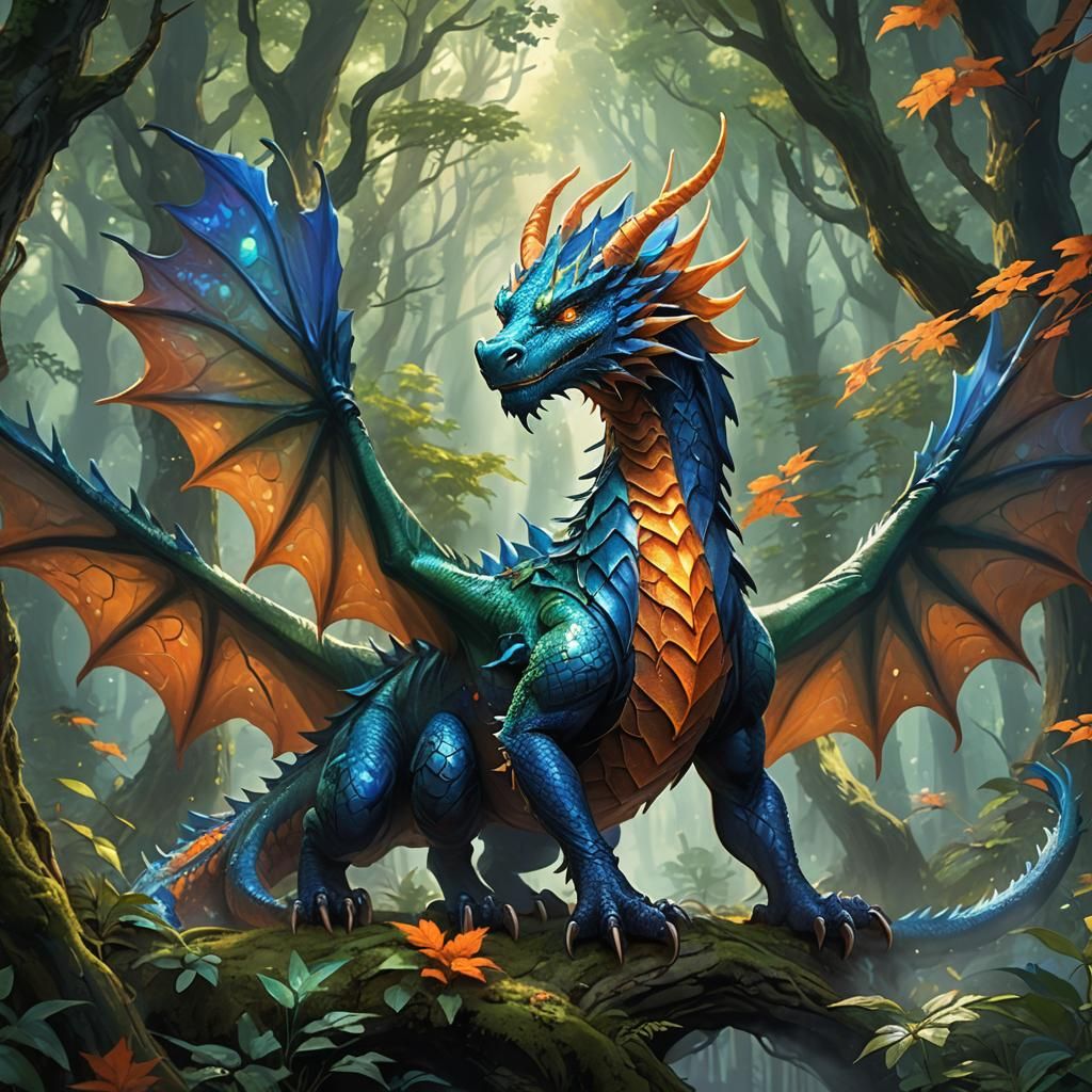 A mystical creature resembling a Big dragon with sapphire-blue scales and bright orange, leaf-like wings.  Its large, ex...