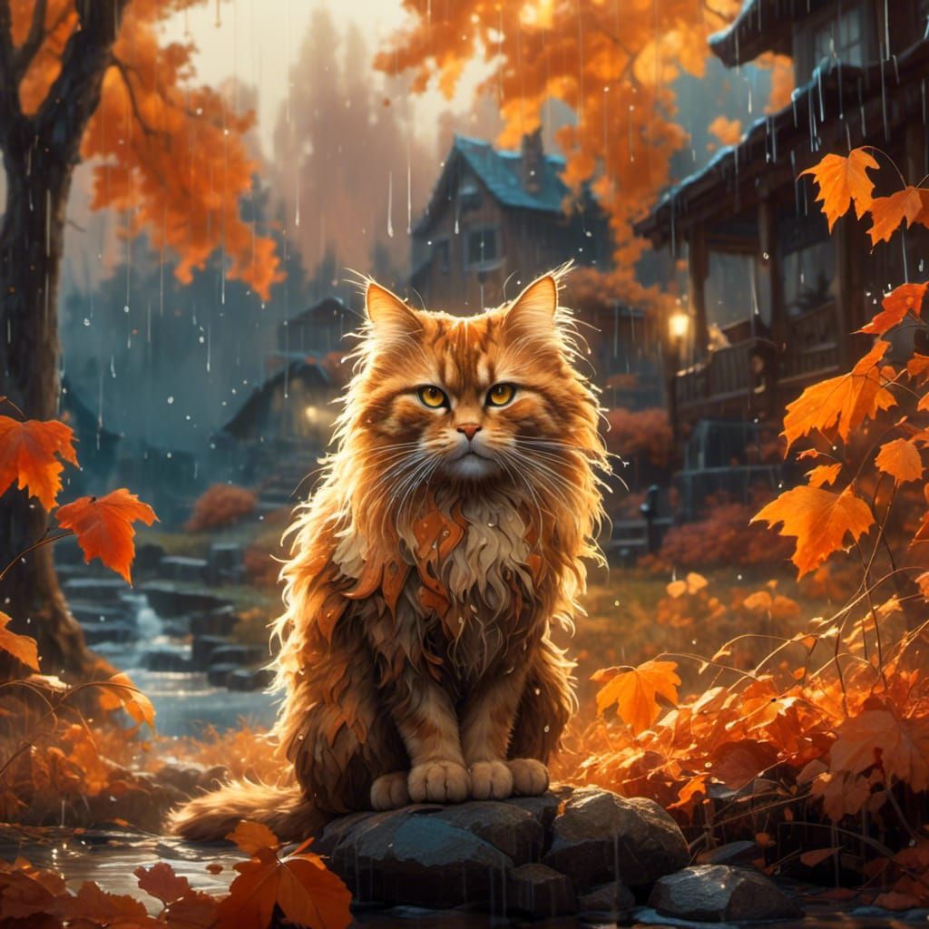  <lora:Surreal Realism:1.0> cat colored, rain, morning, background autumn colours, highly detailed, deep contrast of colors 