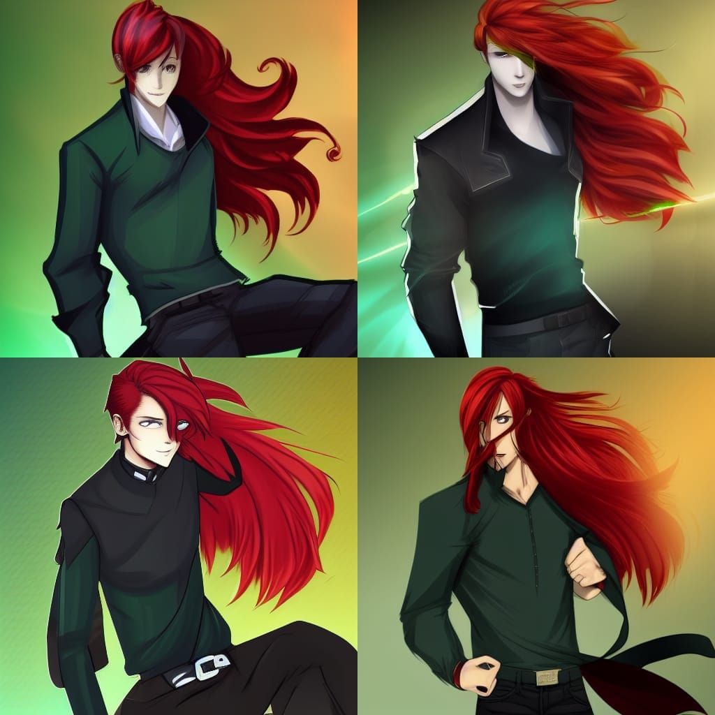 Modern day stylish male mage with red hair and green eyes