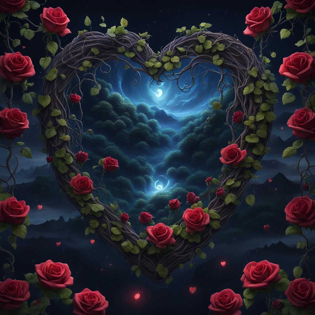 night sky with heart and a bunch of vines coming out of a ro...