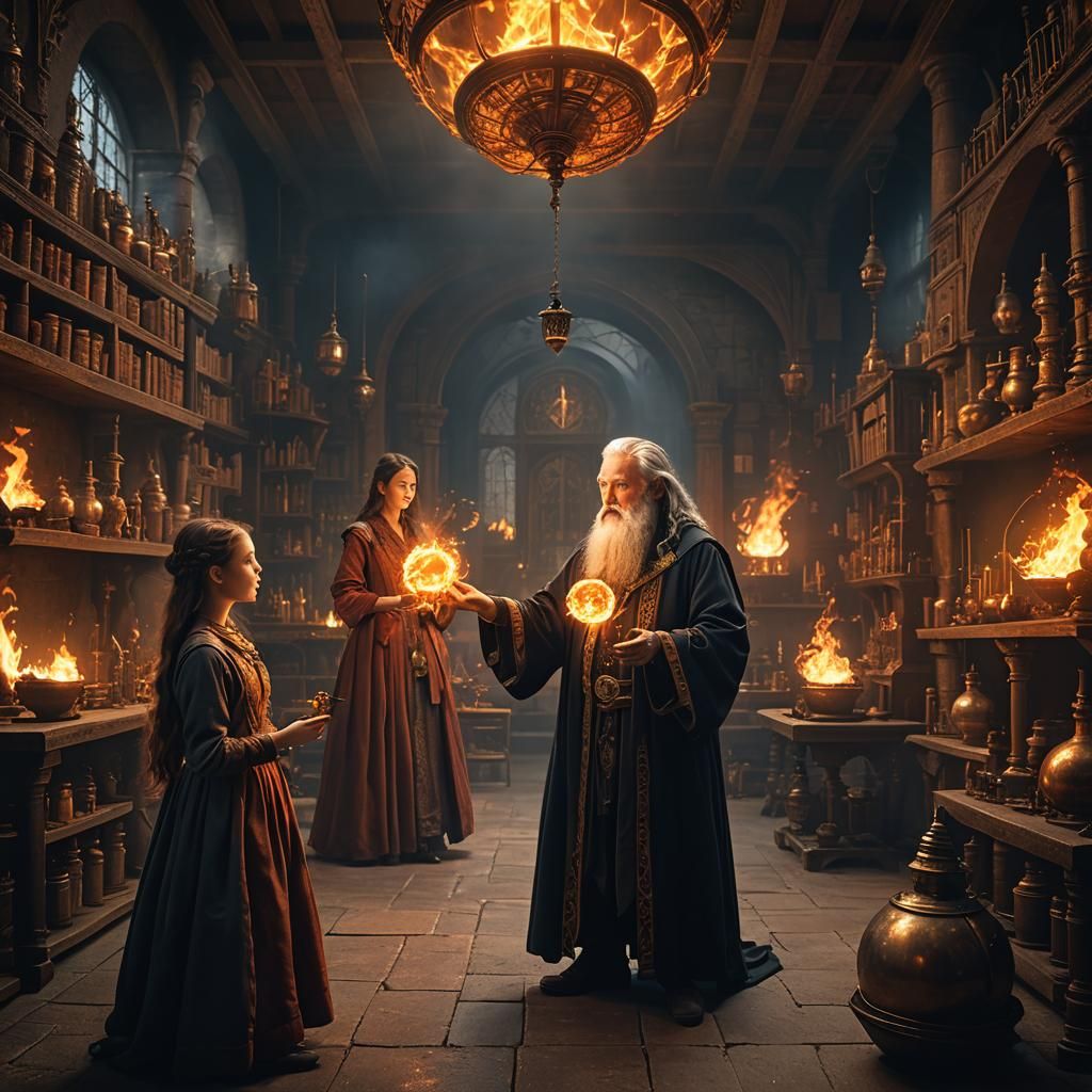 a young girl and an old wizard, the young girl hands a littl...