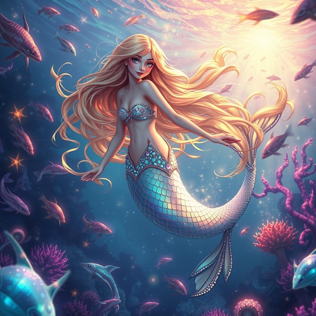 Radiant Mermaid in a Kaleidoscope of Bioluminescent Sea Crea...
