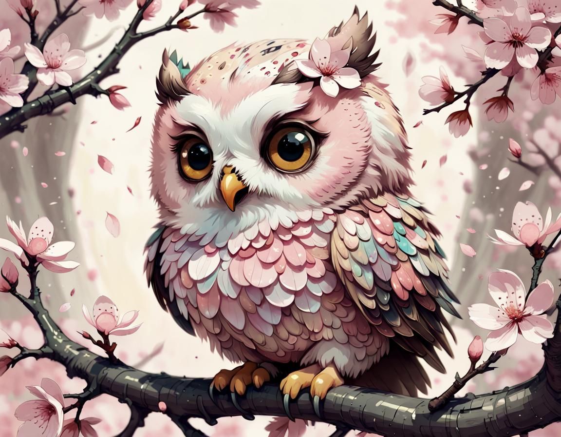 Adorable chibi owl made of fluffy cherry blossom, detailed petal feathers, Edwin Landseer, 8k light pastel ...  by @Summerchild