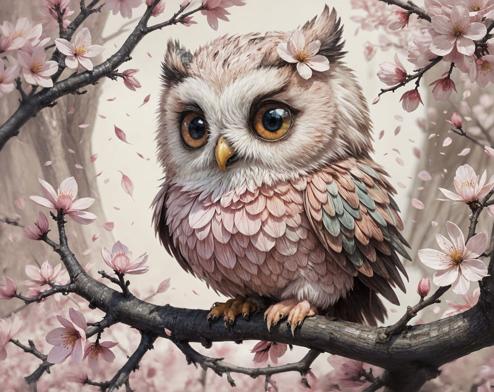 Adorable chibi owl made of fluffy cherry blossom, detailed p...
