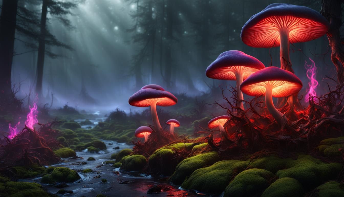 Large Mushrooms magic flowing water moss, glowing red mist f...