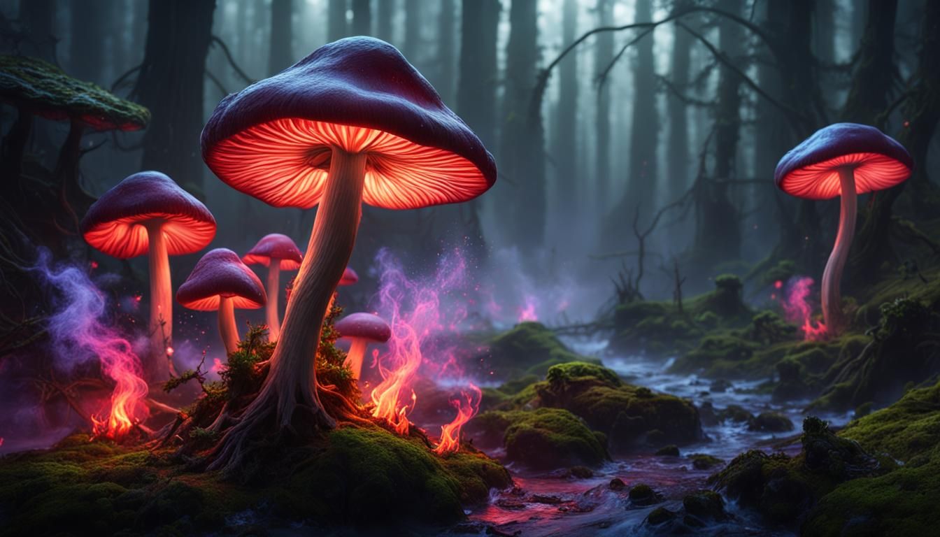 Large Mushrooms magic flowing water moss, glowing red mist f...