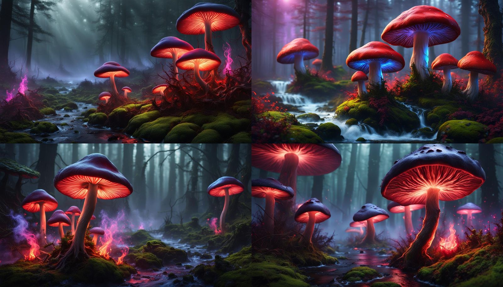 Large Mushrooms magic flowing water moss, glowing red mist fog smoke, ash red blue, energy electricity lighting, waves g...