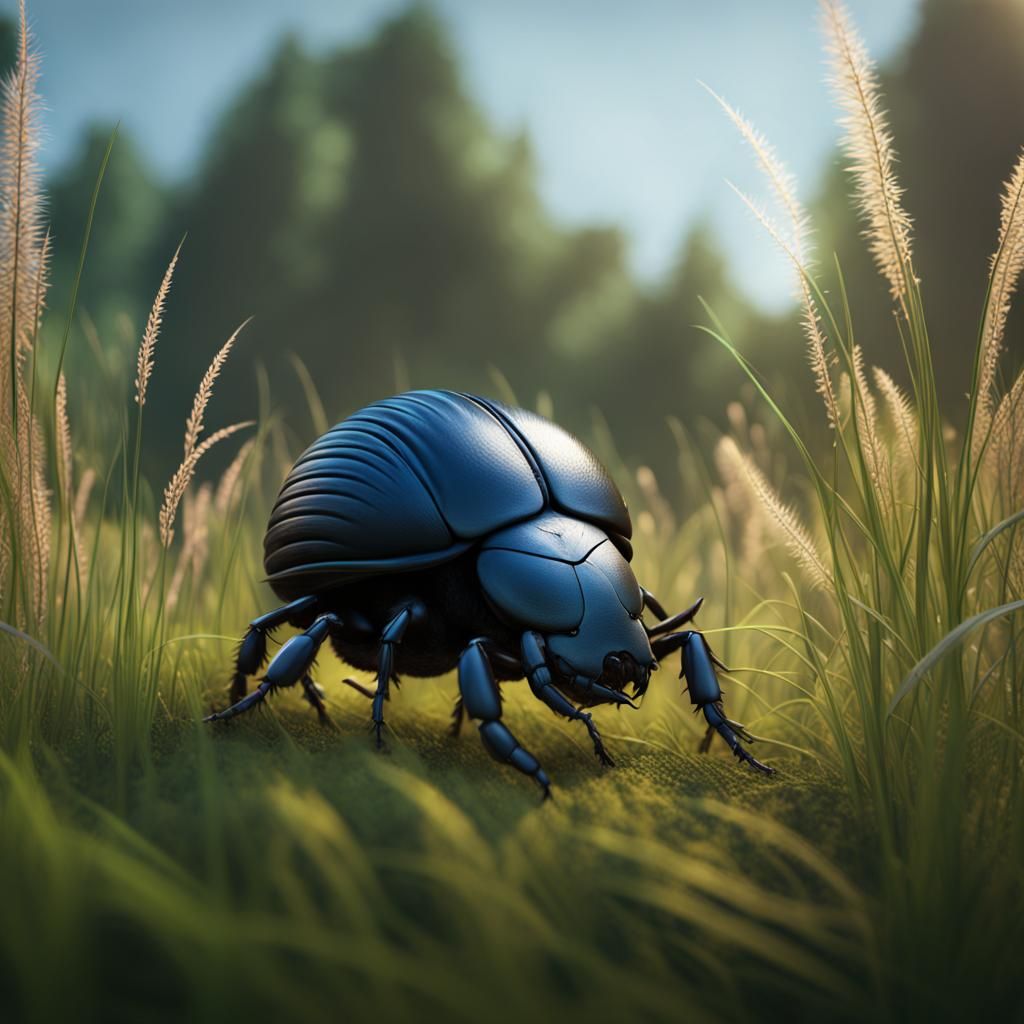 dung beetle walking through tall grass
