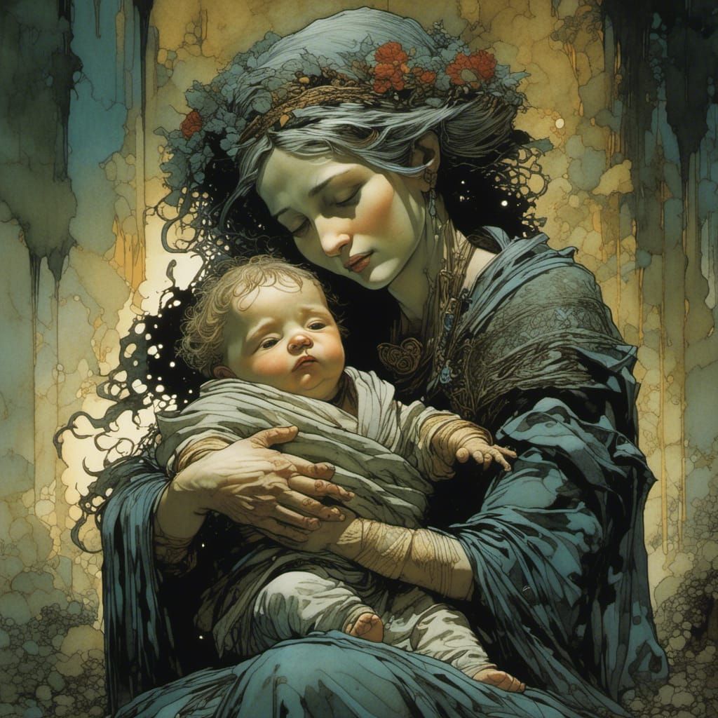 the little baby is comforted by his mother, by Posuka Demizu, Arthur Rackham and Tony DiTerlizzi, Hyperrealistic, splash...