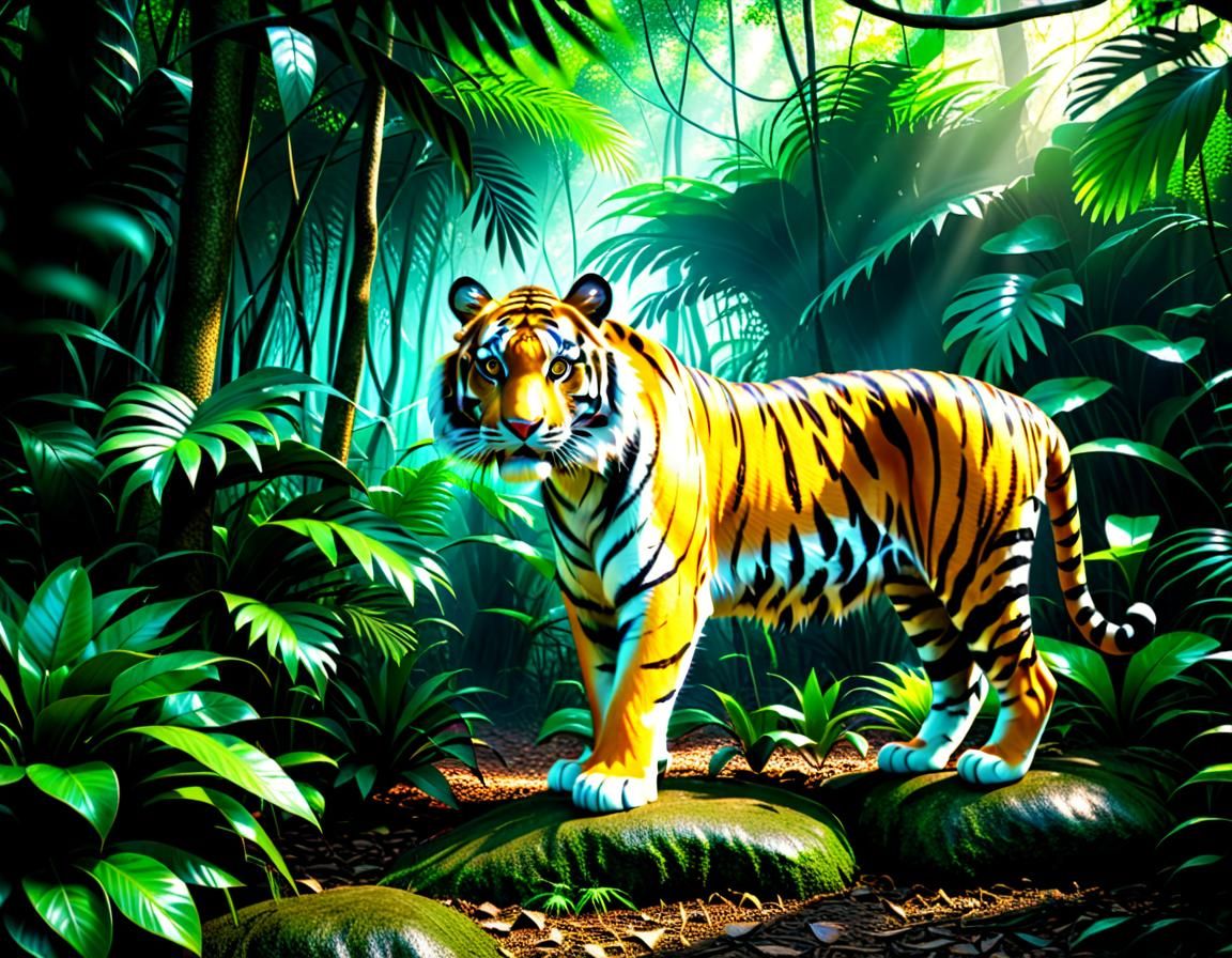 wide  shot of one tiger beautiful big eyes  perfect anatomy in Indian jungle amazing diorama 3d insanely detailed 8k vib...