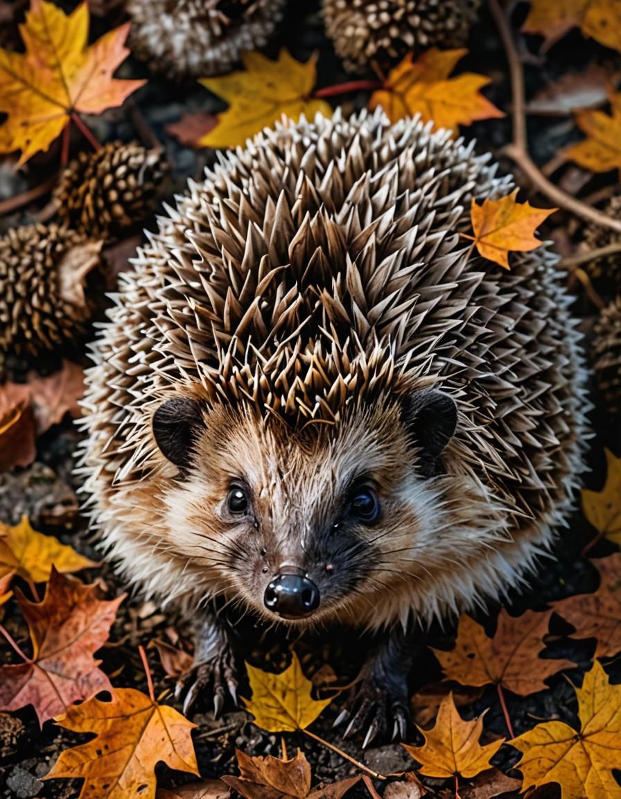 photo of a hedgehog, fall season, nikon d850, stock photography film, intense colors, hyper-realistic, realistic texture...