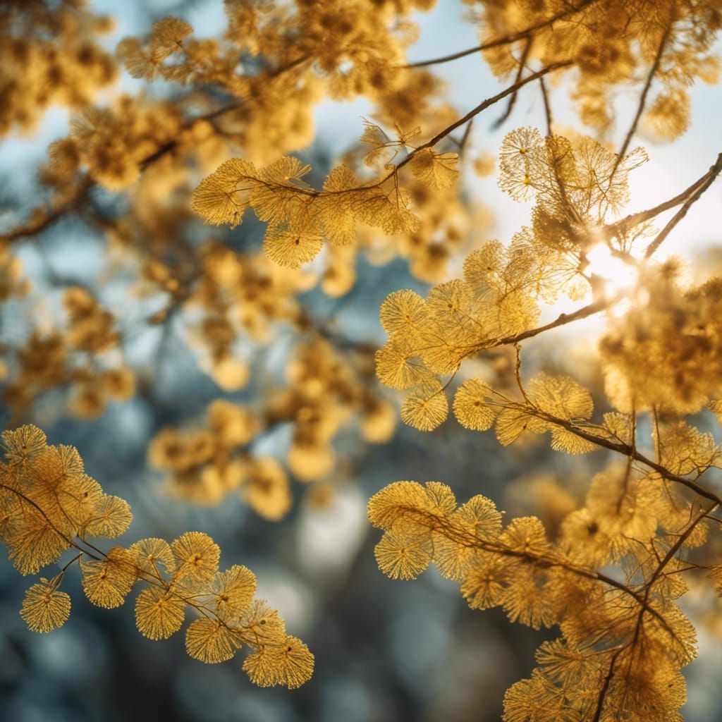 fresh mimosa branches against sky  in magic light dawn photorealism vignette telephoto lens lens flare golden hour depth...
