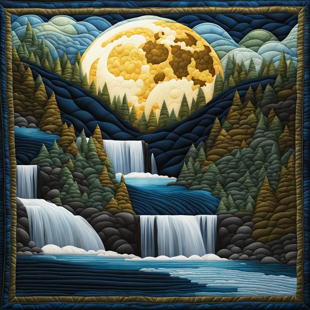Quilt Scene: 1.2) quilted fabric illustration of the moon over  waterfalls,  layered quilt mixed media ...  by @SelmaTeacher7
