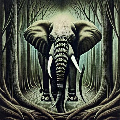 Elephant in a dark mysterious forest by H.R Giger, intricate, hyper detailed,8k,album cover art
