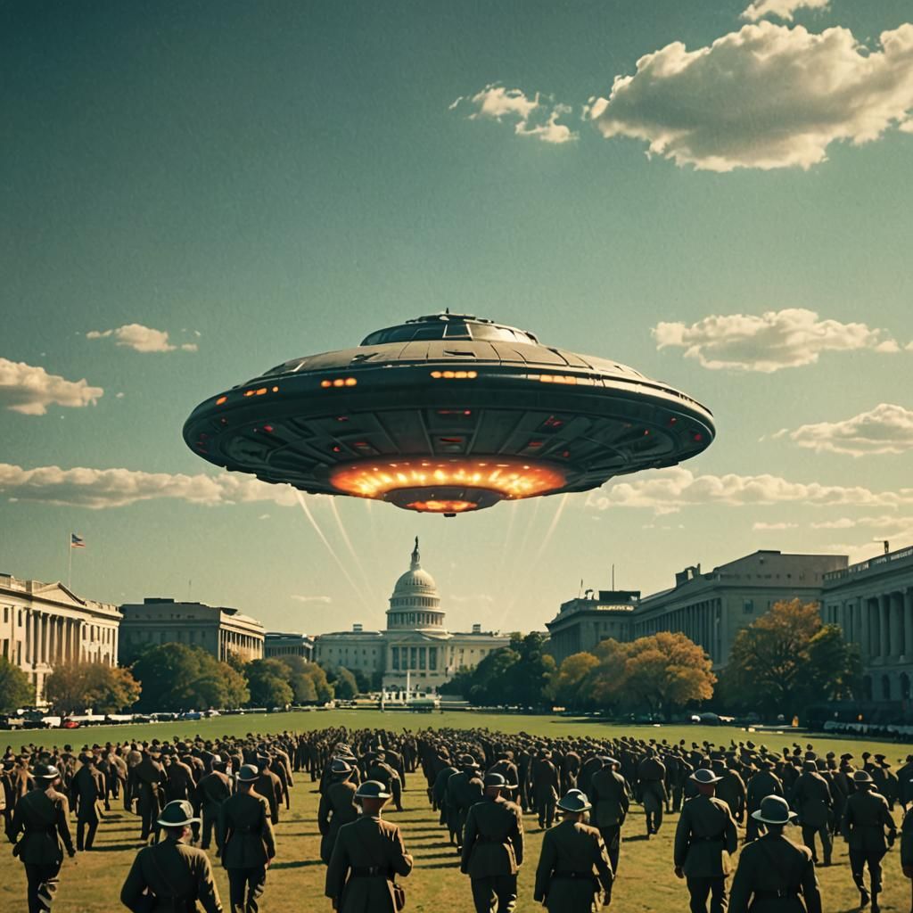 1950s style circular UFO landing at Washington DC surrounded by the Army pulp magazine style