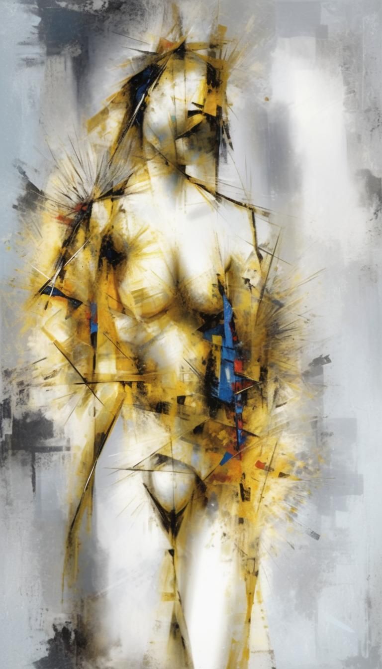 A abstract composition features a form in shades of yellow, blue, and black, with sharp, jagged lines emanating from it....