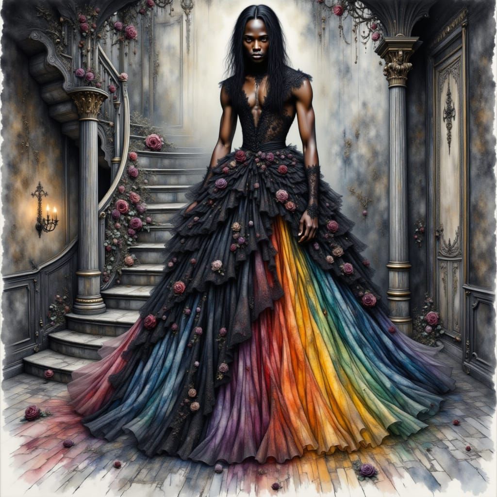 <lora:Dress Intensity:1.0> Watercolor dynamic drawing fantasy of an African goth man in a black rococo full ball gown with rainbow ruffles, ...