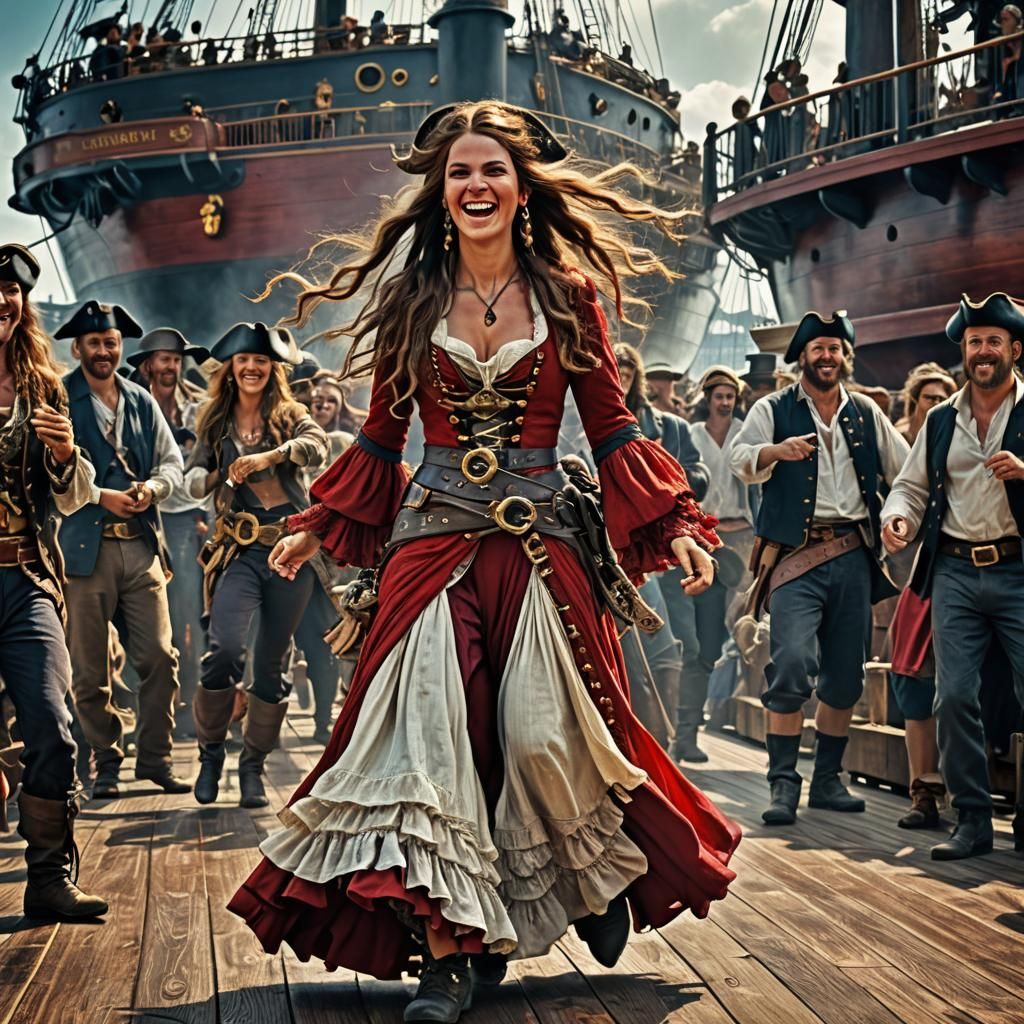female pirate  laughing on the deck of a ship