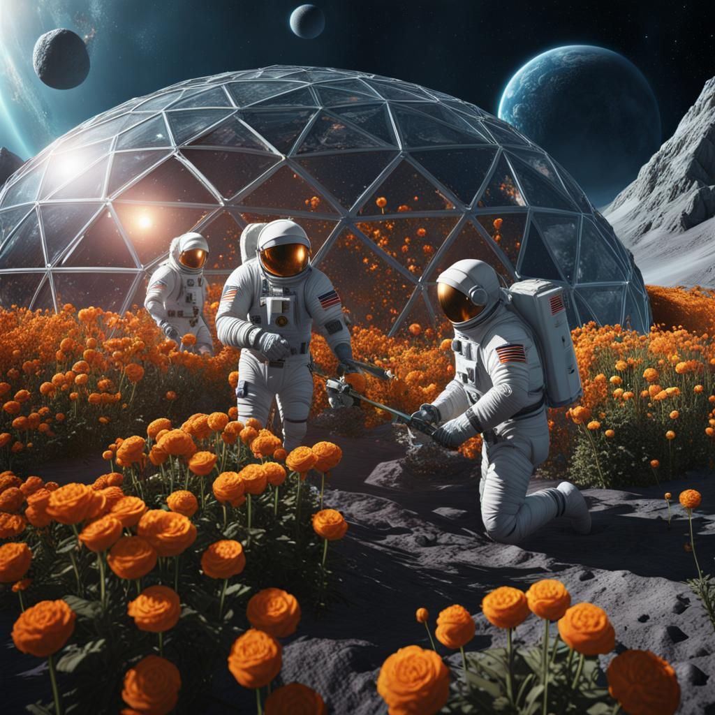 Three men in spacesuits tending to the flowers in a geodesic dome of atmosphere on the moon.
