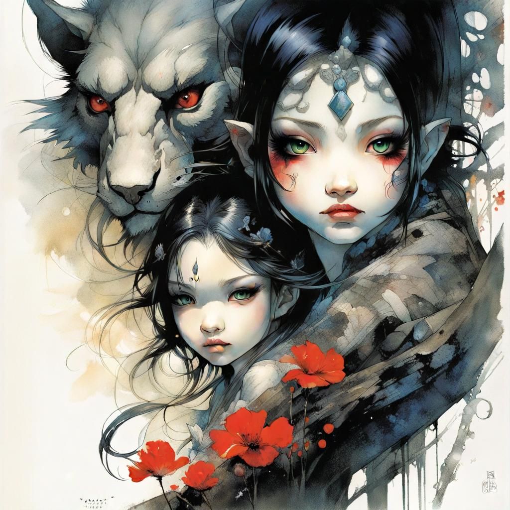 Attractive beast and beauty, by Yoshitaka Amano and Jasmine Becket-Griffith Russ Mills, Thomas Wells Schaller