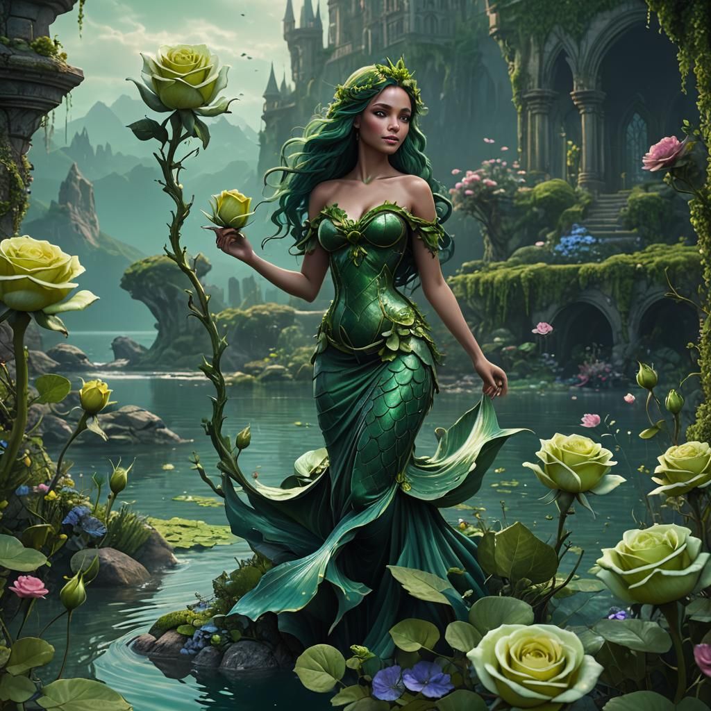 Green rose, mermaid, lake