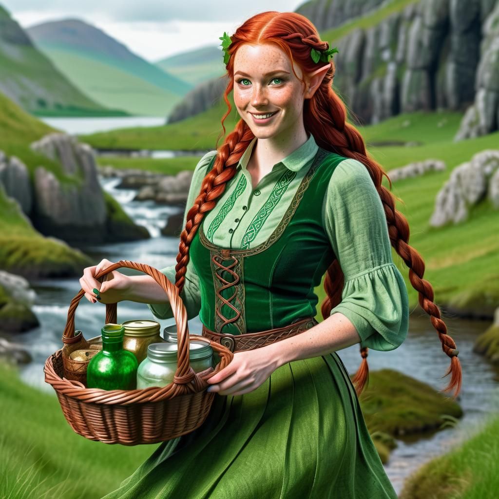 adorable half-elf woman, cute, long braided back red hair, green eyes, freckles, cheeky smile, curvy, short-sleeved line...