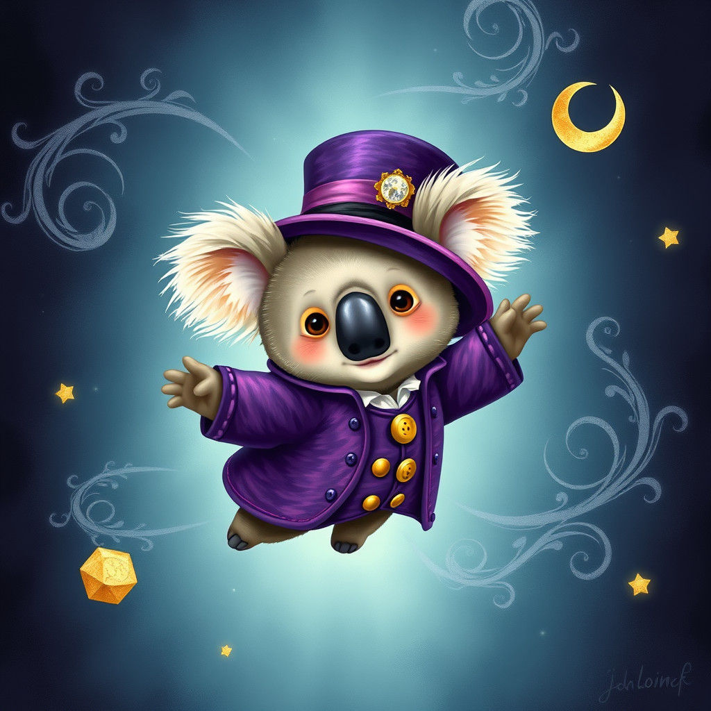 A chibi koala bear in a purple frock coat flying around inside a magic  black top hat