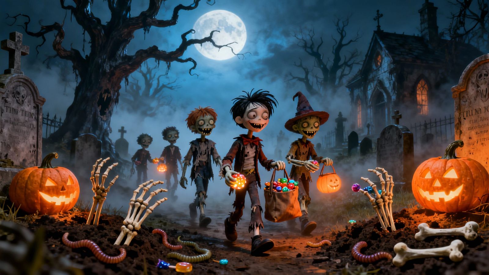 10-second cinematic horror-fantasy animation — camera slowly pans across a fog-covered graveyard under a bright full moo...