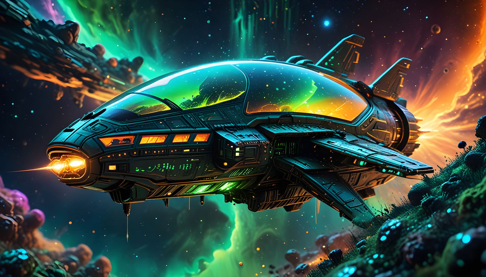 Neon Green and Neon Orange, alien greeble spaceship floating gracefully through a cosmic nebula, emanating ...  by @earlstringerjr