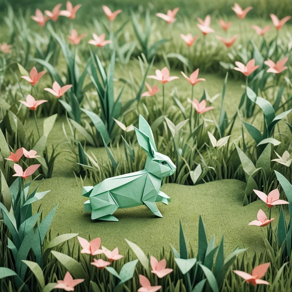 A small rabit hopping through a grassy green field