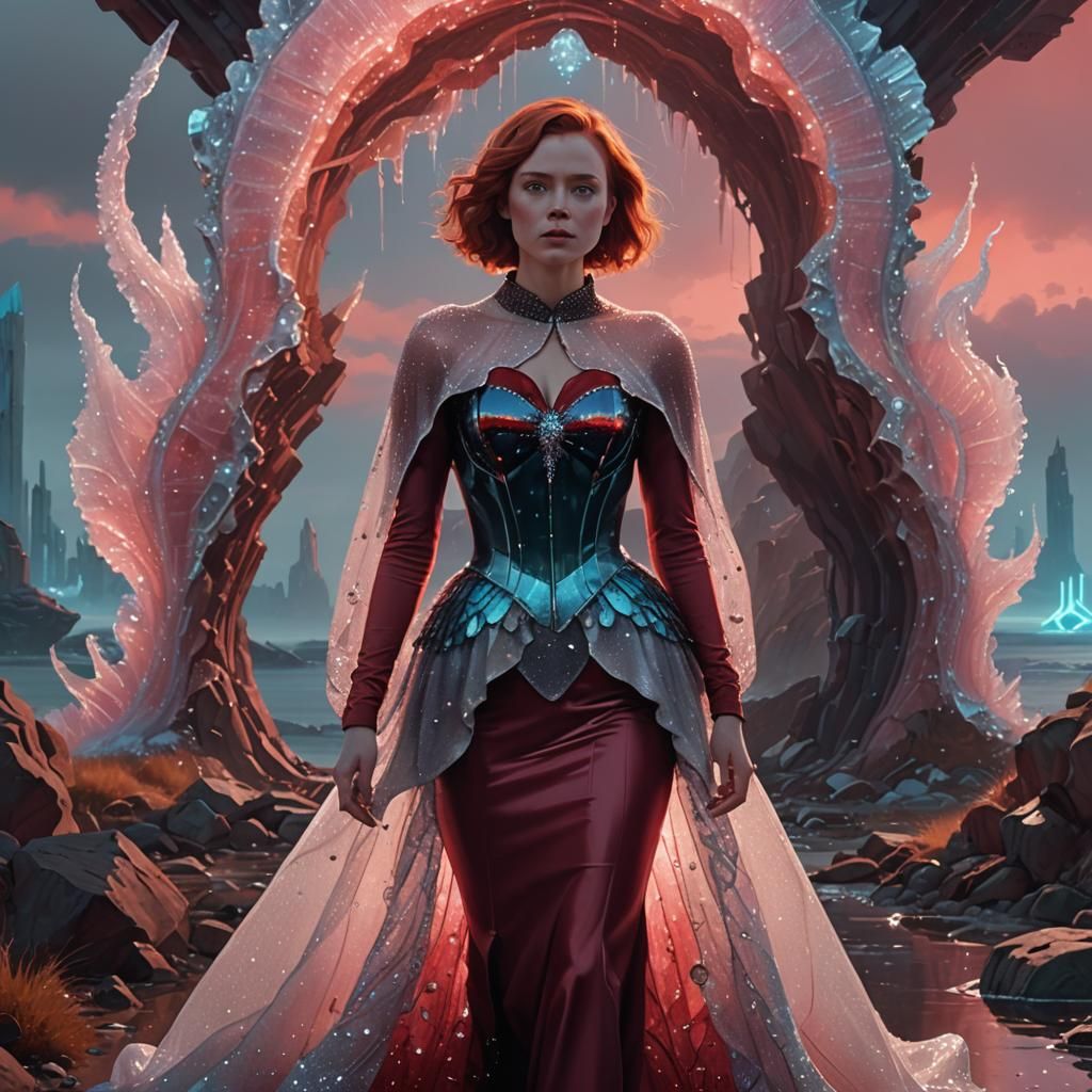 She wears a long sleeved scallop neckline dress, with an encrusted waist cincher, a cape, and a mermaid skirt that looks...
