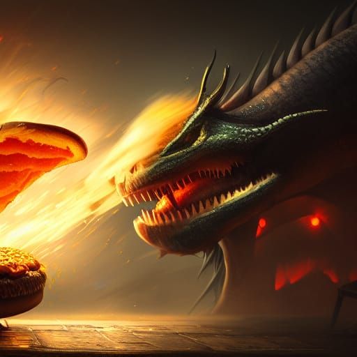 dragon attacking a huge alive cheeseburger