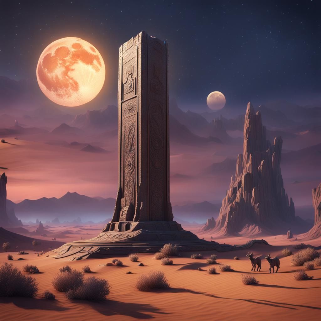 Monolith in the desert with a bright moon with a white pokemon like creature in the sky