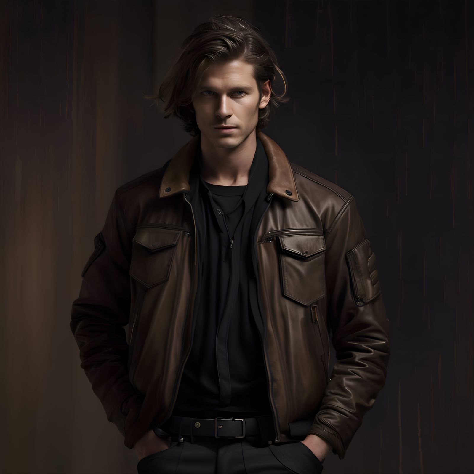 Man wearing a brown Leather Bomber Jacket, and black jeans, with pouches all over them. Under his jacket, he wears a sho...