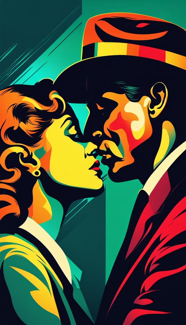 a poster of a man kissing a woman, triadic colors film noir,...