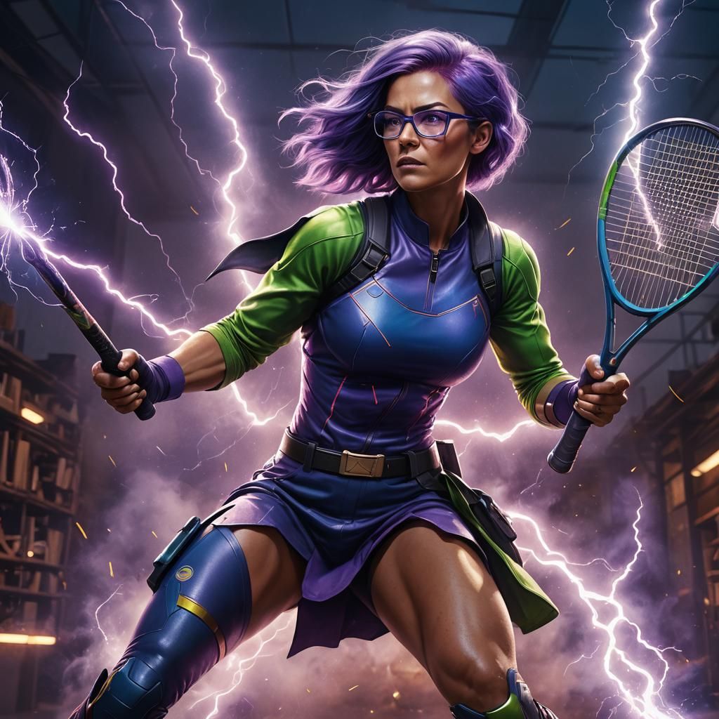 Bookish Purple haired female superhero wearing glasses welding an electric tennis racket with lighting flashing out of i...