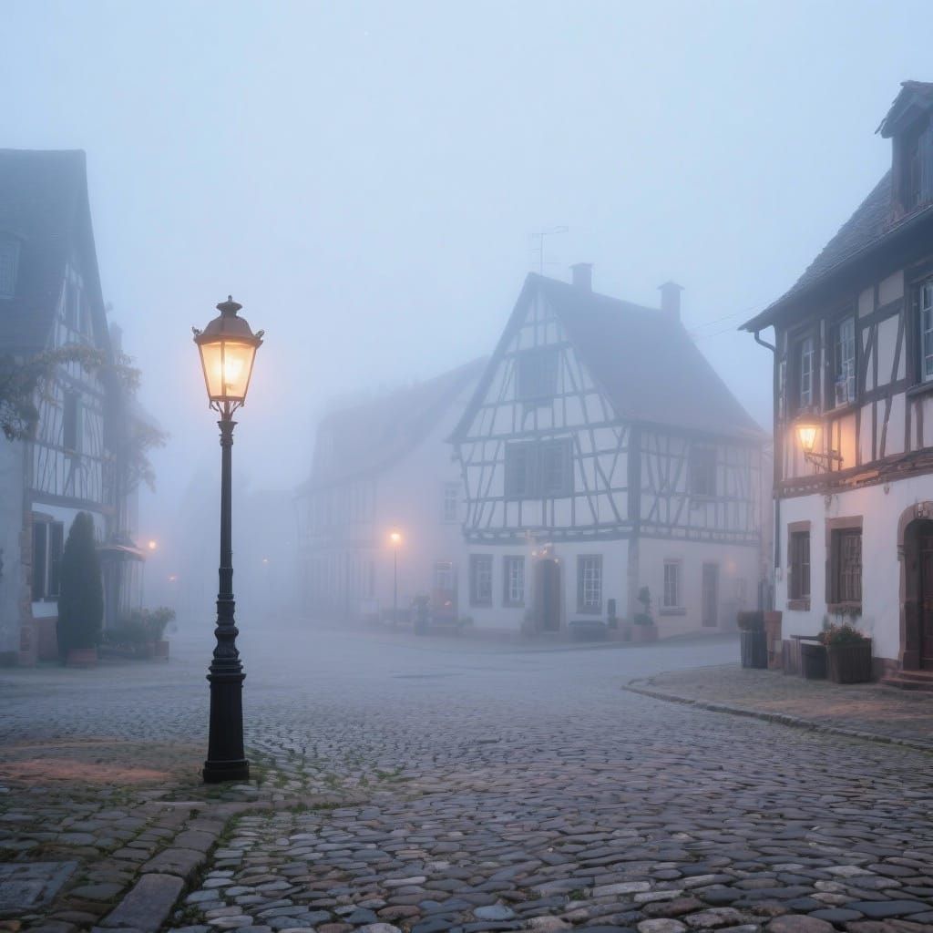 A quiet, foggy morning in a quaint village square. Soft, diffused light emanates from gas lamps, blurring ...  by @KRoseCarol