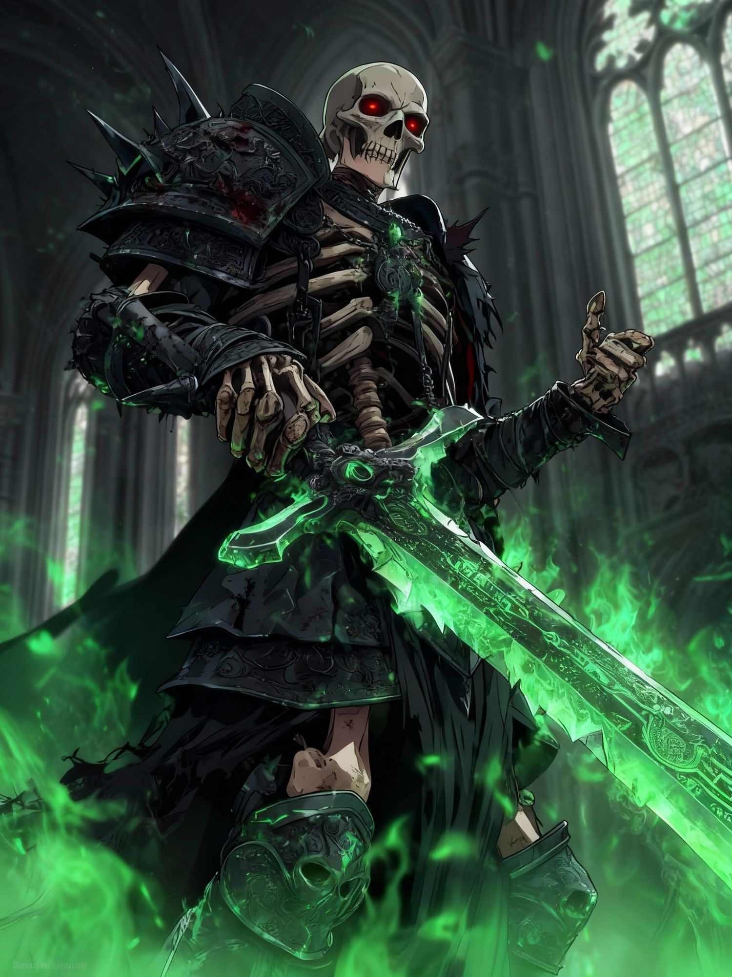 Undead champion paladin, skeletal dark knight, towering and menacing, jagged runeblade glowing with cursed green fire, decayed and spiked bl...