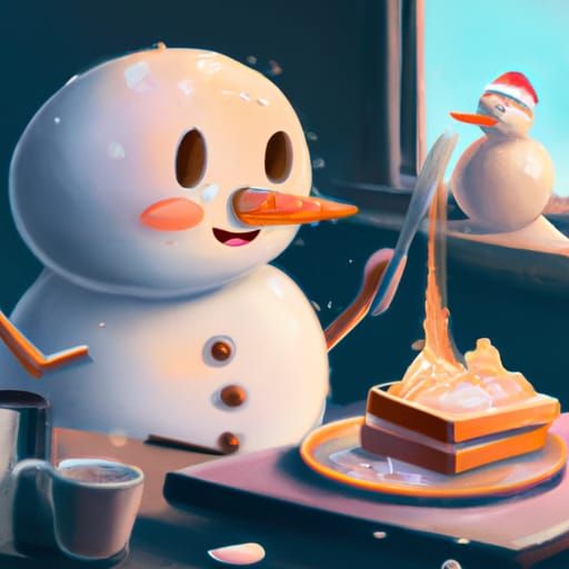 A snowman eating scrambled egg and toast, digital art
