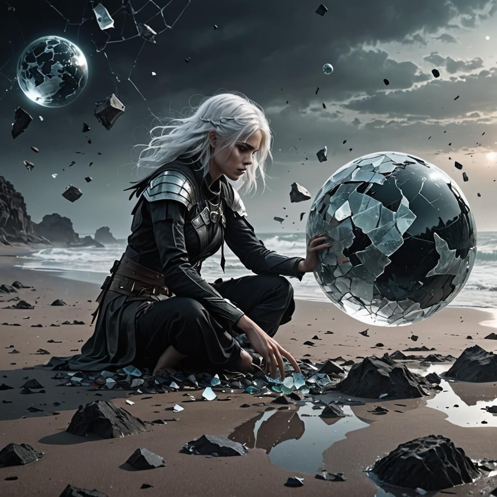 Trying to save our Planets Soul- Shattered Glass Planet on beach, Whitehaired Warrior Girl trying to ...  by @Forward