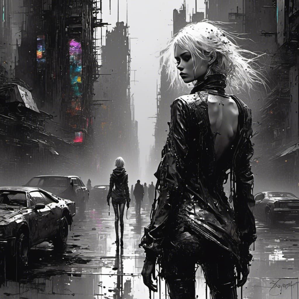 <lora:After Life:1.0> "8k; a black and white futuristic stunning athletic kitsch anime blonde  cyberpunk girl walking out side; triadic col...