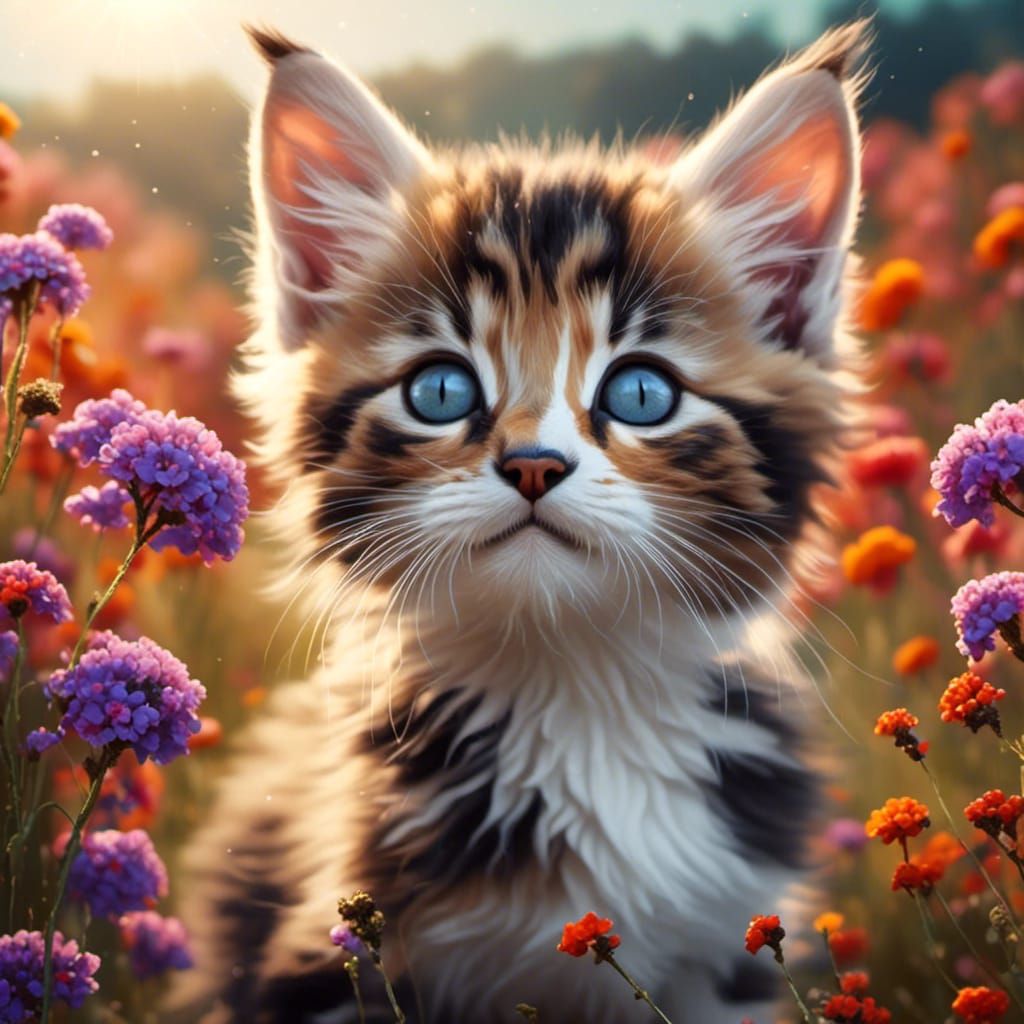 <lora:realistic animals:1.0> Hyper realistic and ultra detailed photograph of a beautiful kitten with a very detailed coat, in a flowery and...