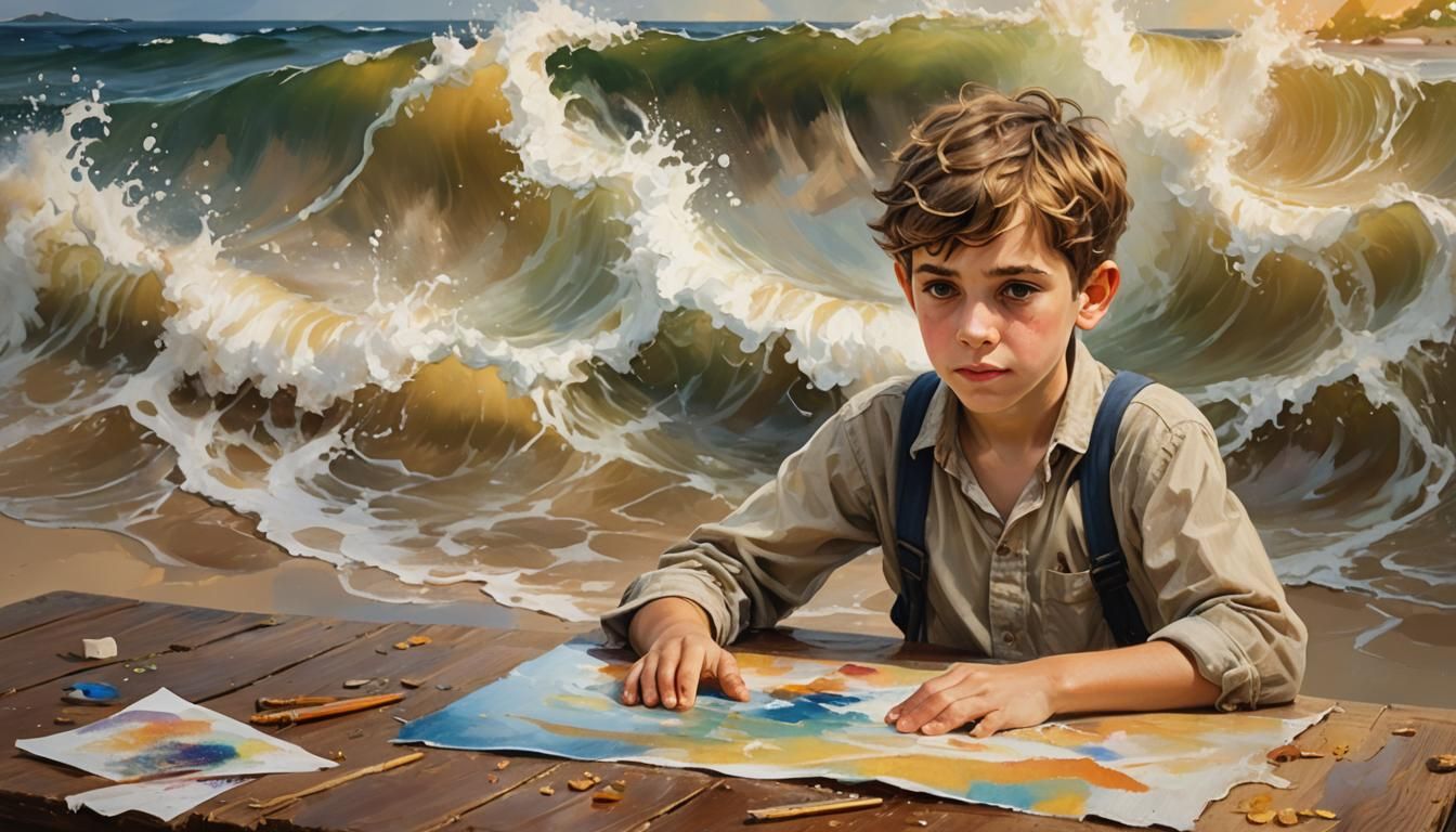 Captivating Portrait of Boy Painting Beach Scene