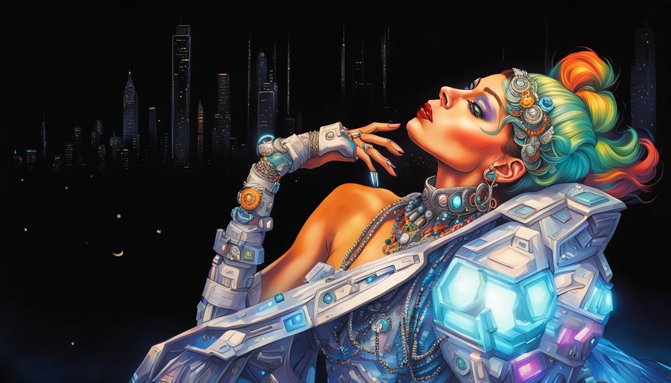 Hyperrealistic portrait of a beautiful woman wearing intricately detailed colorful clothing and futuristic jewelry In a ...
