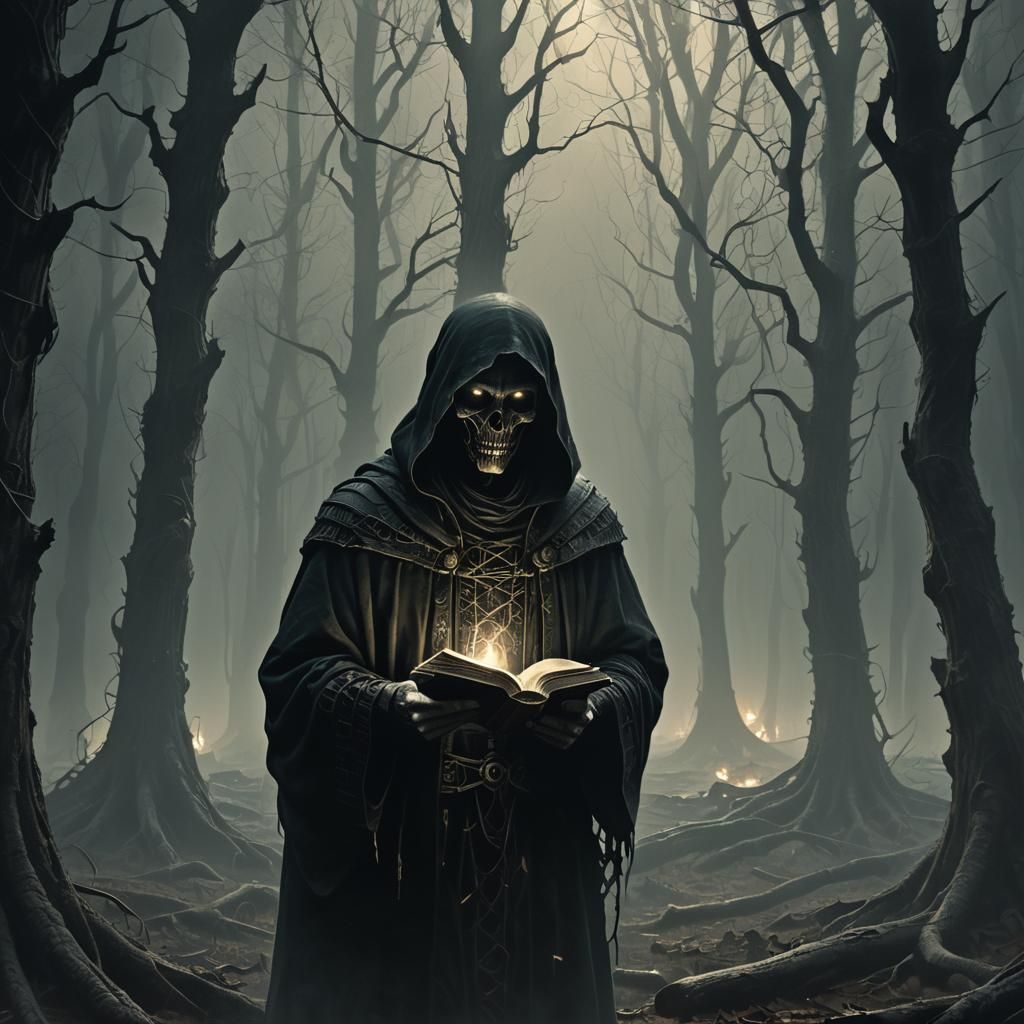 "Create a dark and eerie image that represents a scary storytelling theme. The background should be a misty forest at ni...