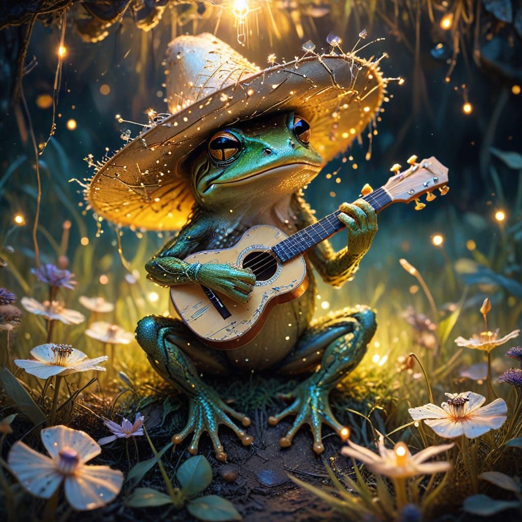 Whimsical fantasy art. Medium shot. A small stage with a sombrero roof stands on a field of fireflies, ...  by @Barabashka