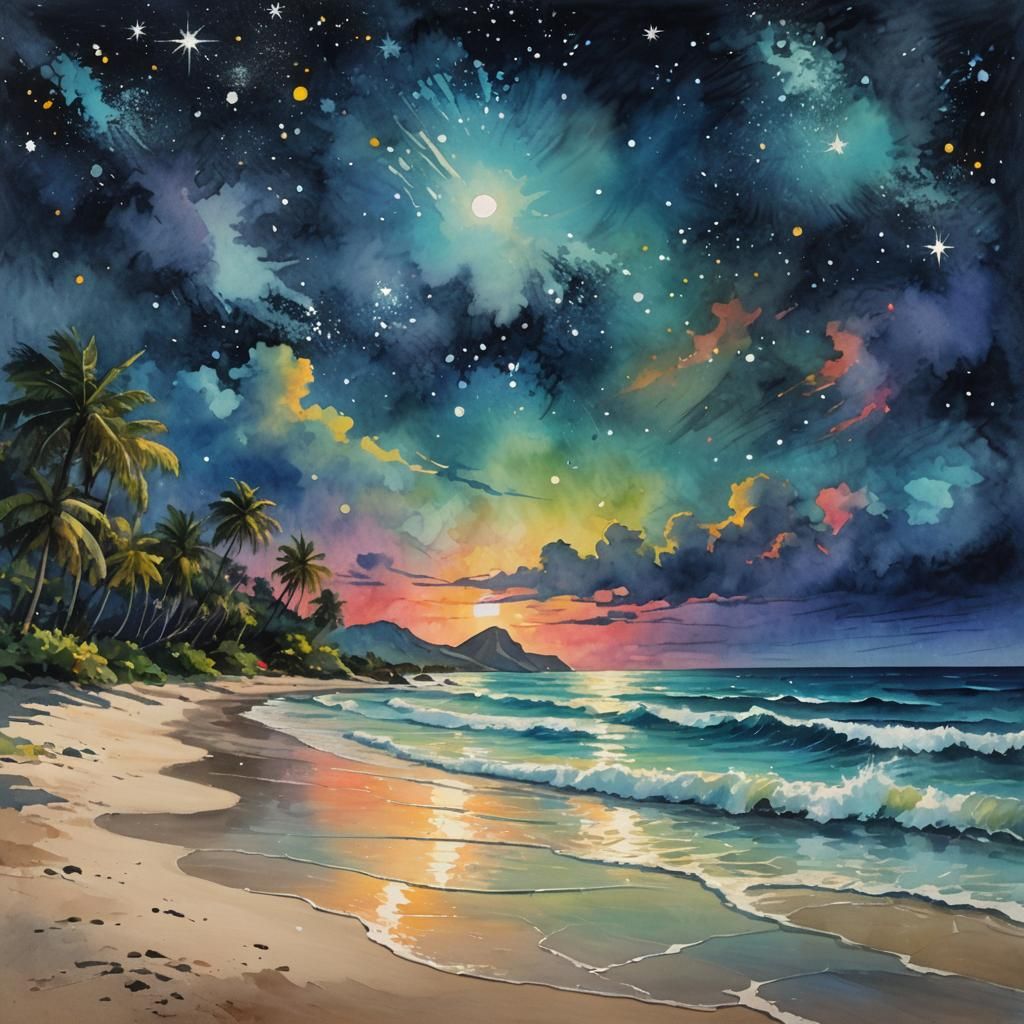 A tropical beach at night with millions of stars and gentle ...
